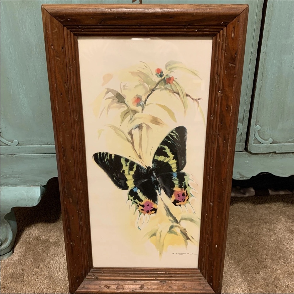 Vintage 80s B Ballestar Watercolor Butterfly Framed Signed Painting 18” x 10”